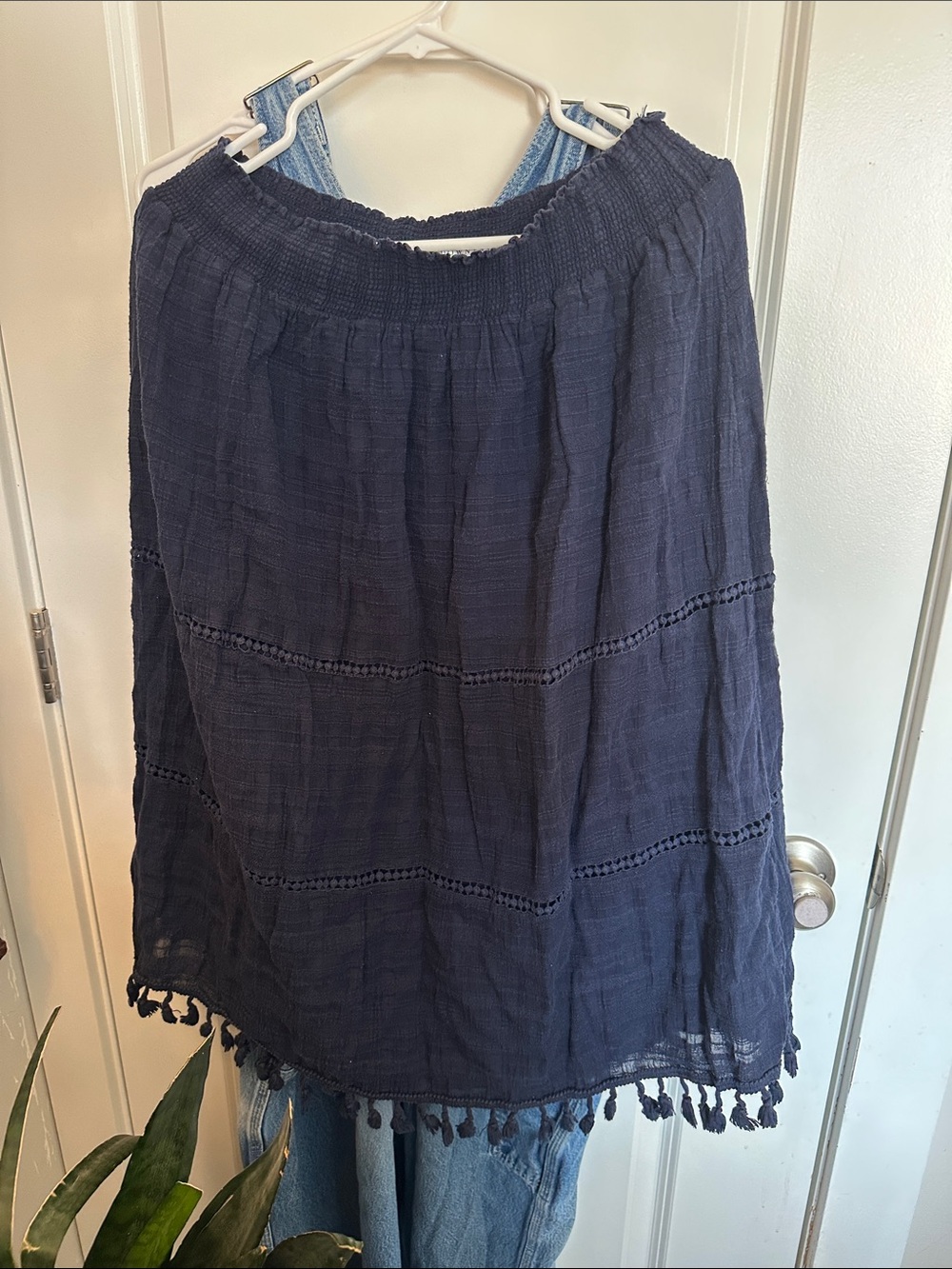 DownEast Navy Smocked Cotton Maxi Skirt with Tassel Trim